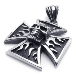 Ocelový přívěsek - Kříž s lebkou a plameny